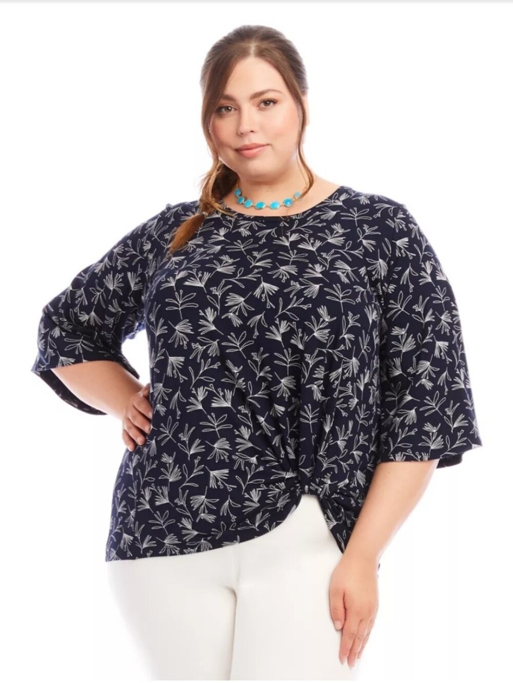Karen Kane Boardwalk Flare Sleeve Top 3X Navy Botanical Floral Made USA NWT